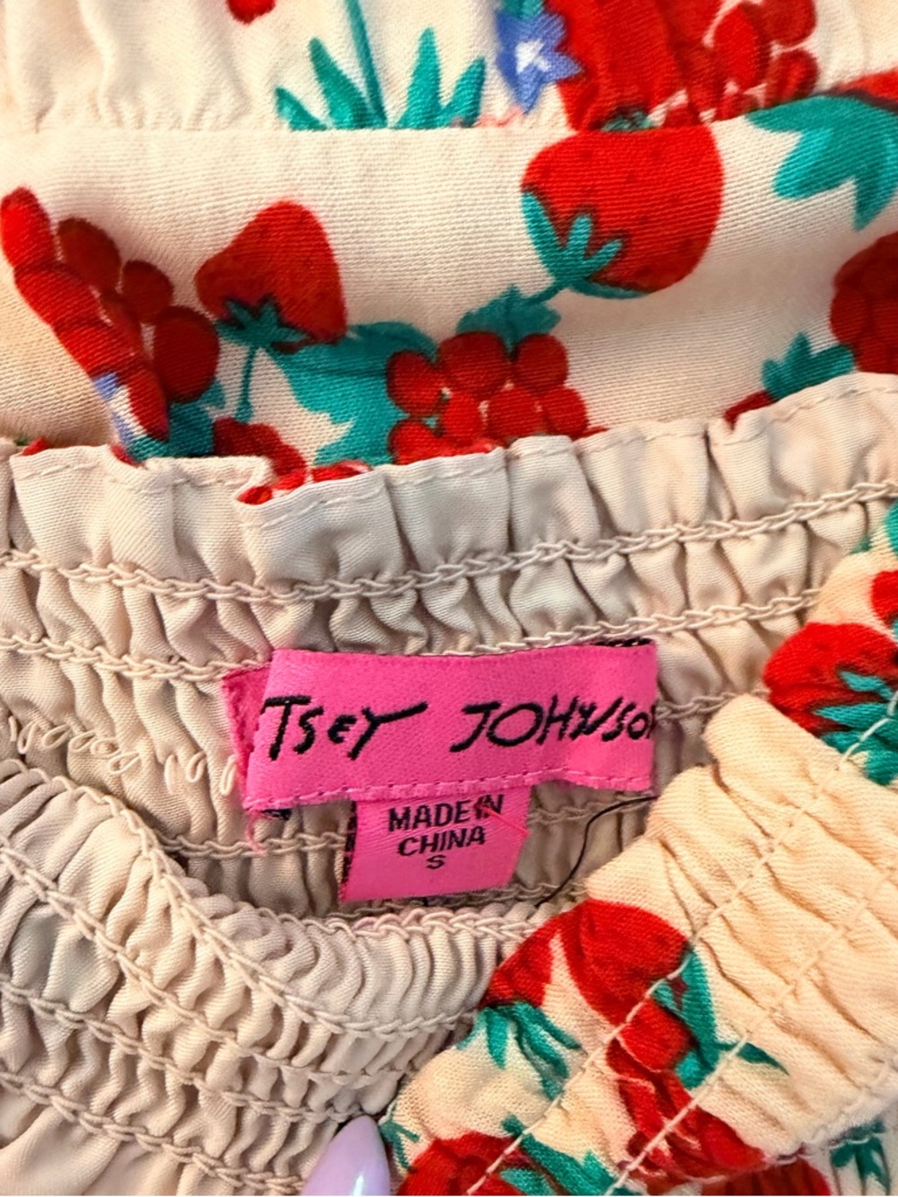Betsey Johnson Flowy Strawberry & Raspberry Print Smocked Maxi Dress, Size S - Picture 9 of 12